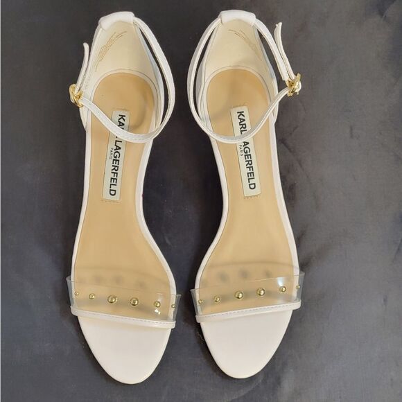 KARL LAGERFELD DIXIE CLEAR LUCITE LOW HEEL ADJUSTABLE BUCKLE&ANKLE SANDAL - Picture 2 of 14